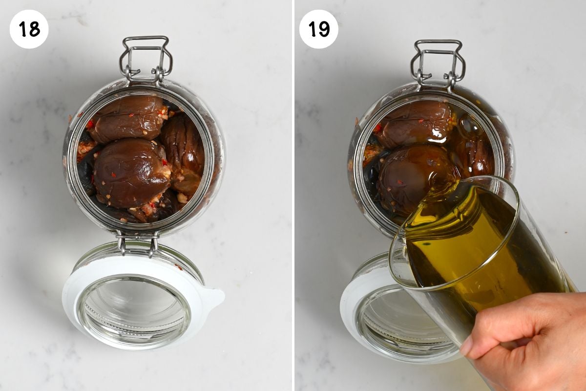 Jarring makdous and adding olive oil.