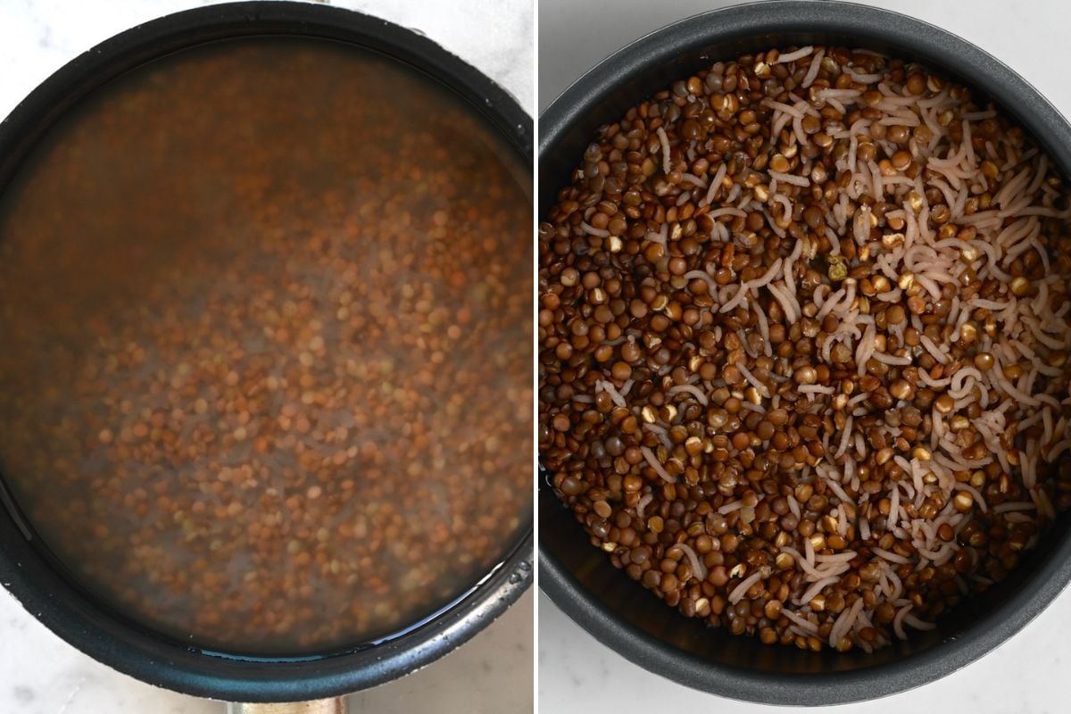 Lentils and rice before and after cooking.