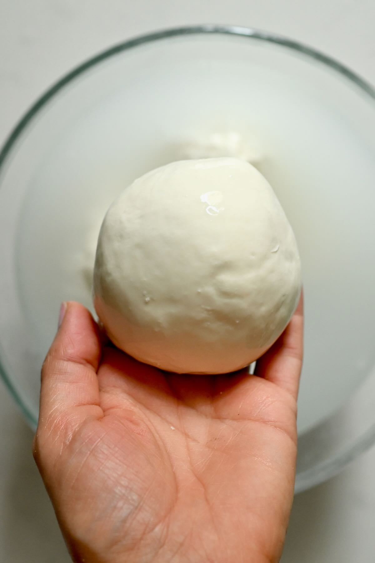 A shaped ball of homemade mozzarella cheese.