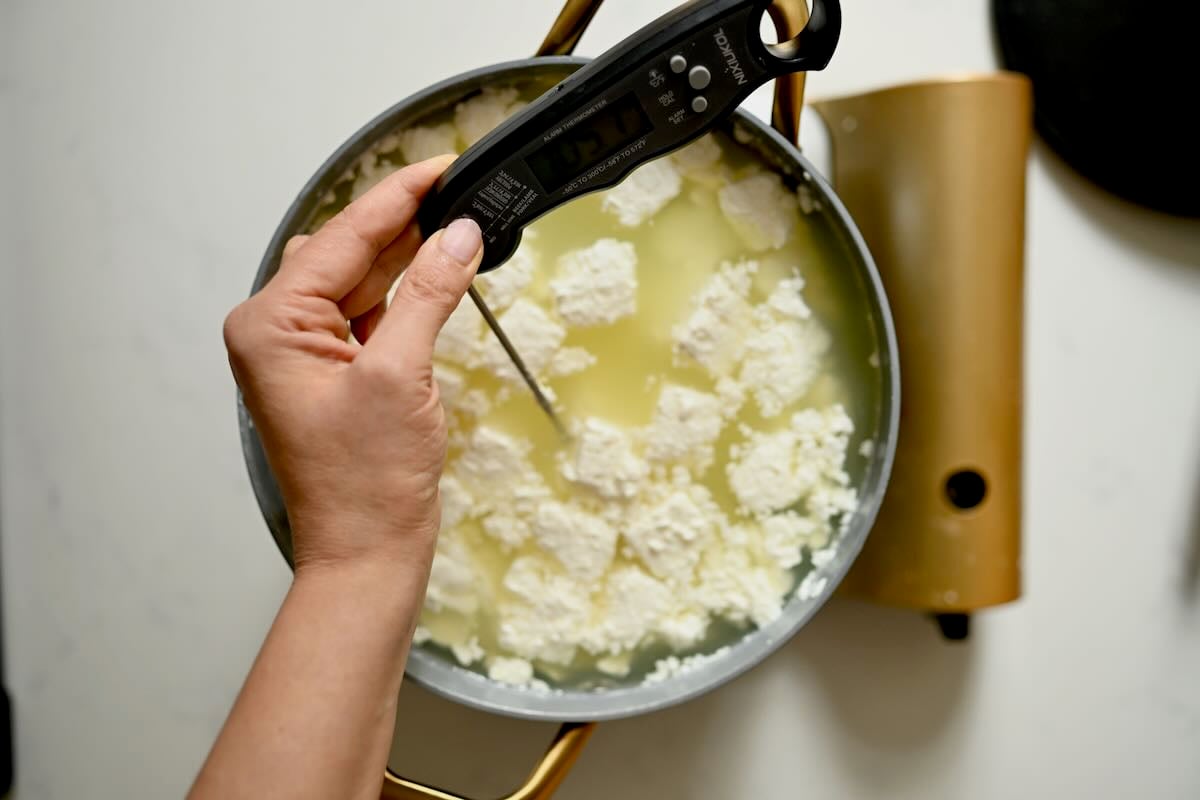 Checking the temperature of the cheese curds.