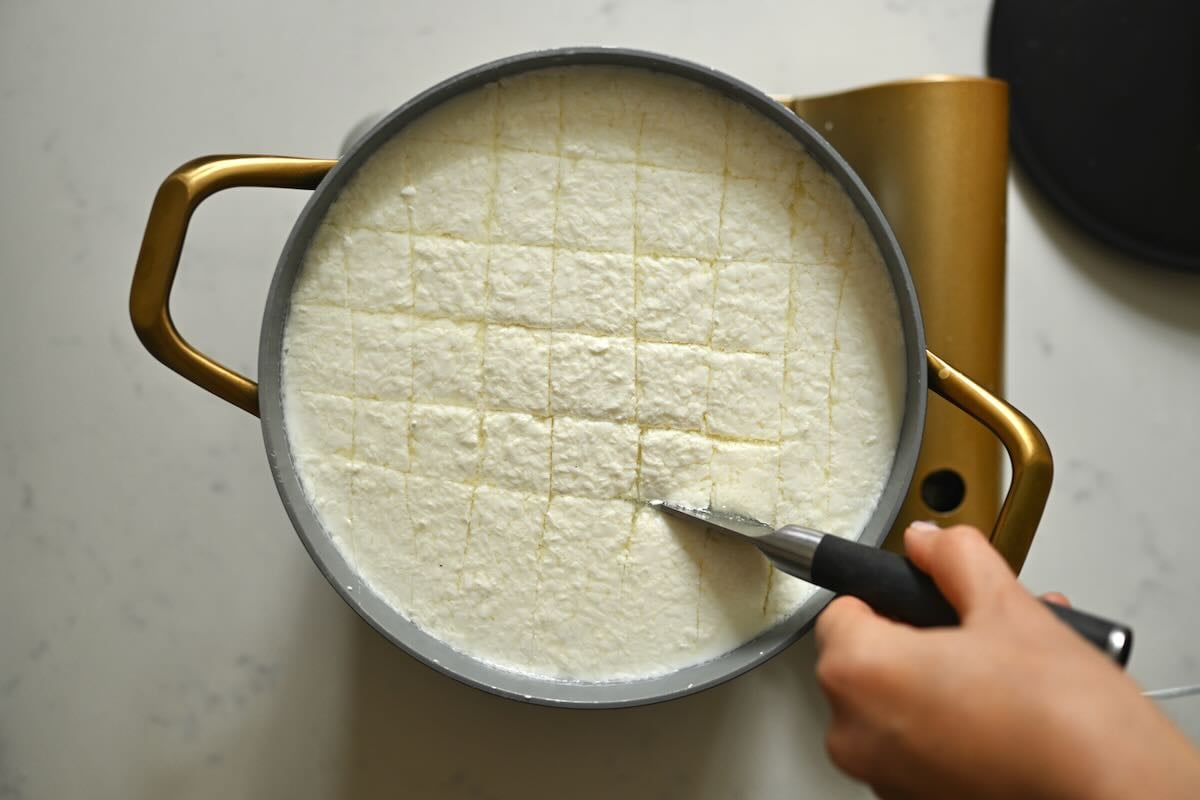 Cutting the cheese curds in the large pot.