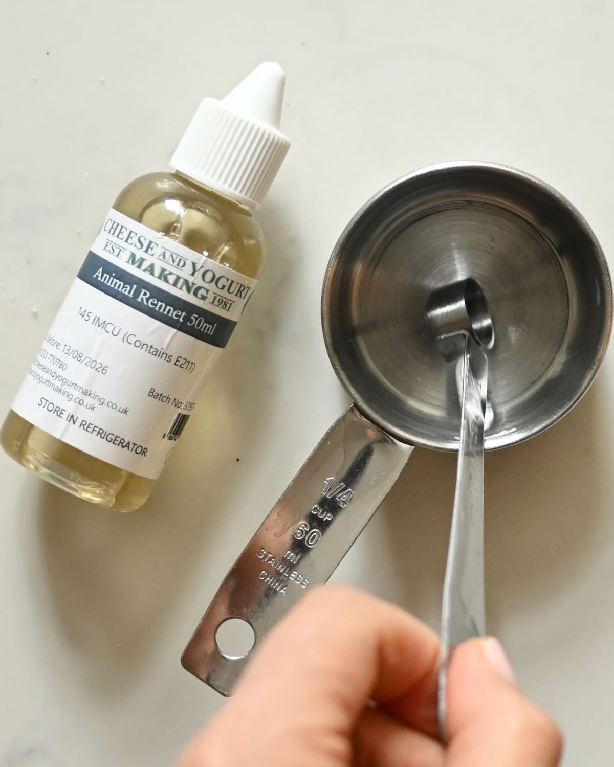 Mixing liquid renet in quarter cup of water.