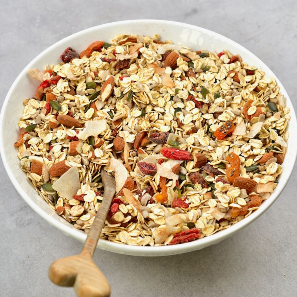 A photo of homemade muesli in a large bowl.