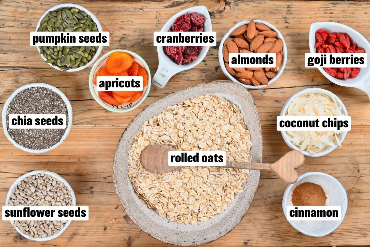 A photo of the ingredients needed to make homemade muesli.
