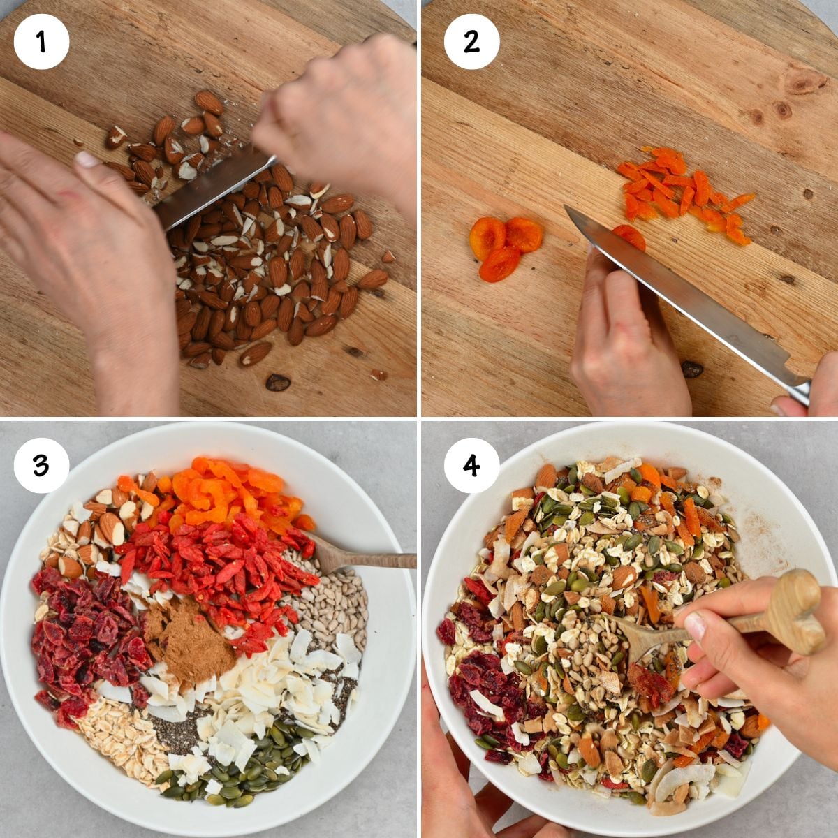 Steps for chopping and mixing ingredients for homemade muesli.