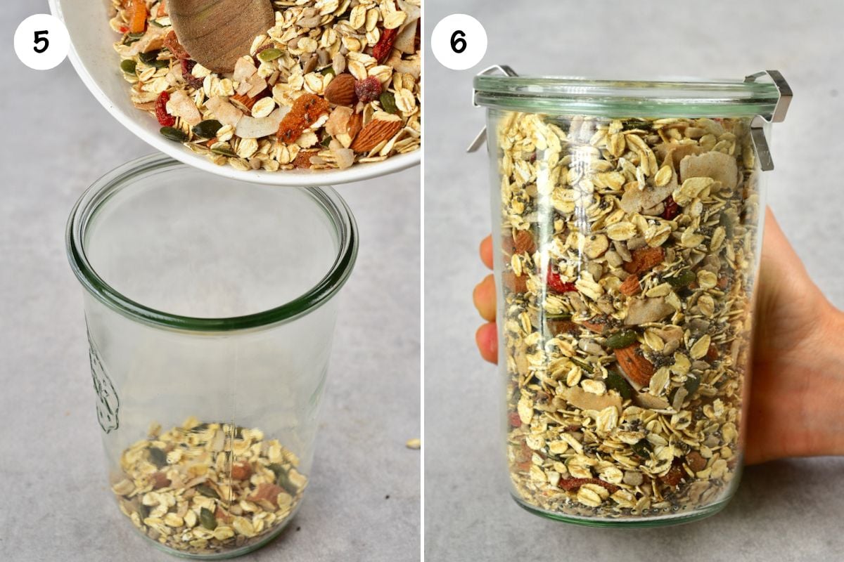 Steps for storing muesli in a glass container.
