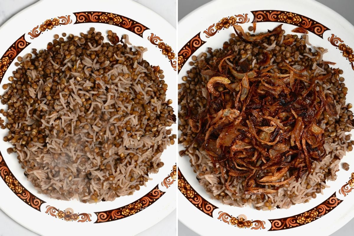 Mujadara served on a plate, topped with crispy onions.