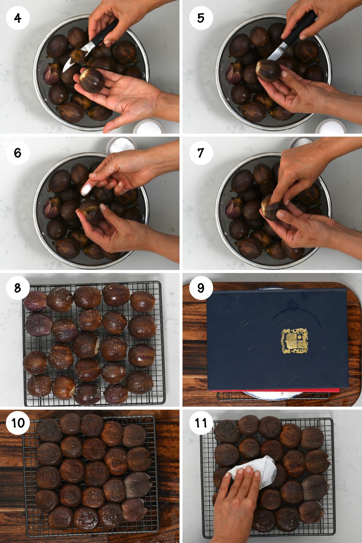 Step-by-step process of trimming, salting, and pressing baby eggplants before pickling.