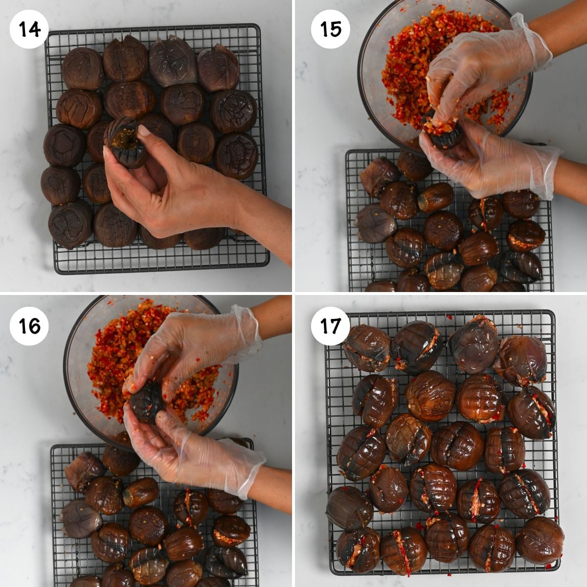 Steps showing how to stuff the baby eggplats.