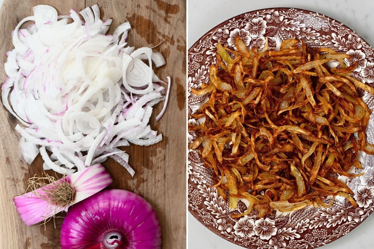 Thinly sliced raw onions and crispy fried onions.