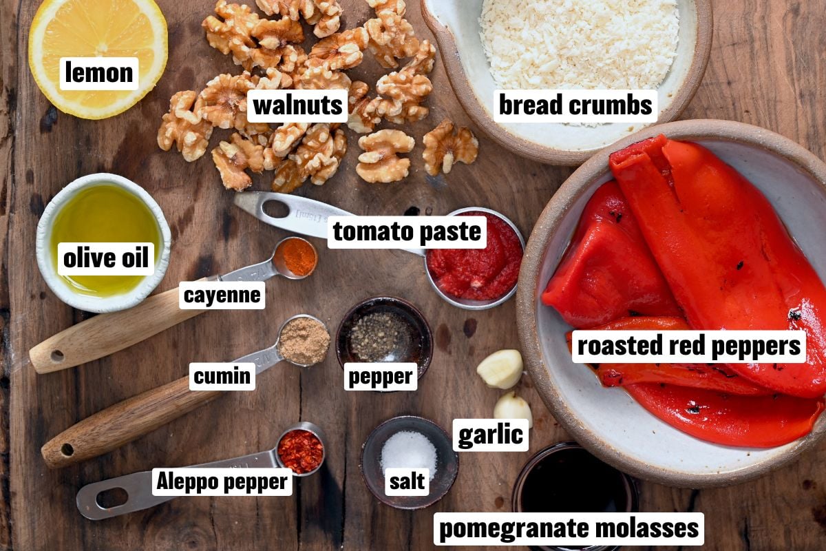A photo of the ingredients needed to make muhammara dip.