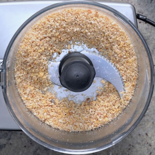 Wallnuts already processed into crumbs in the food processor.