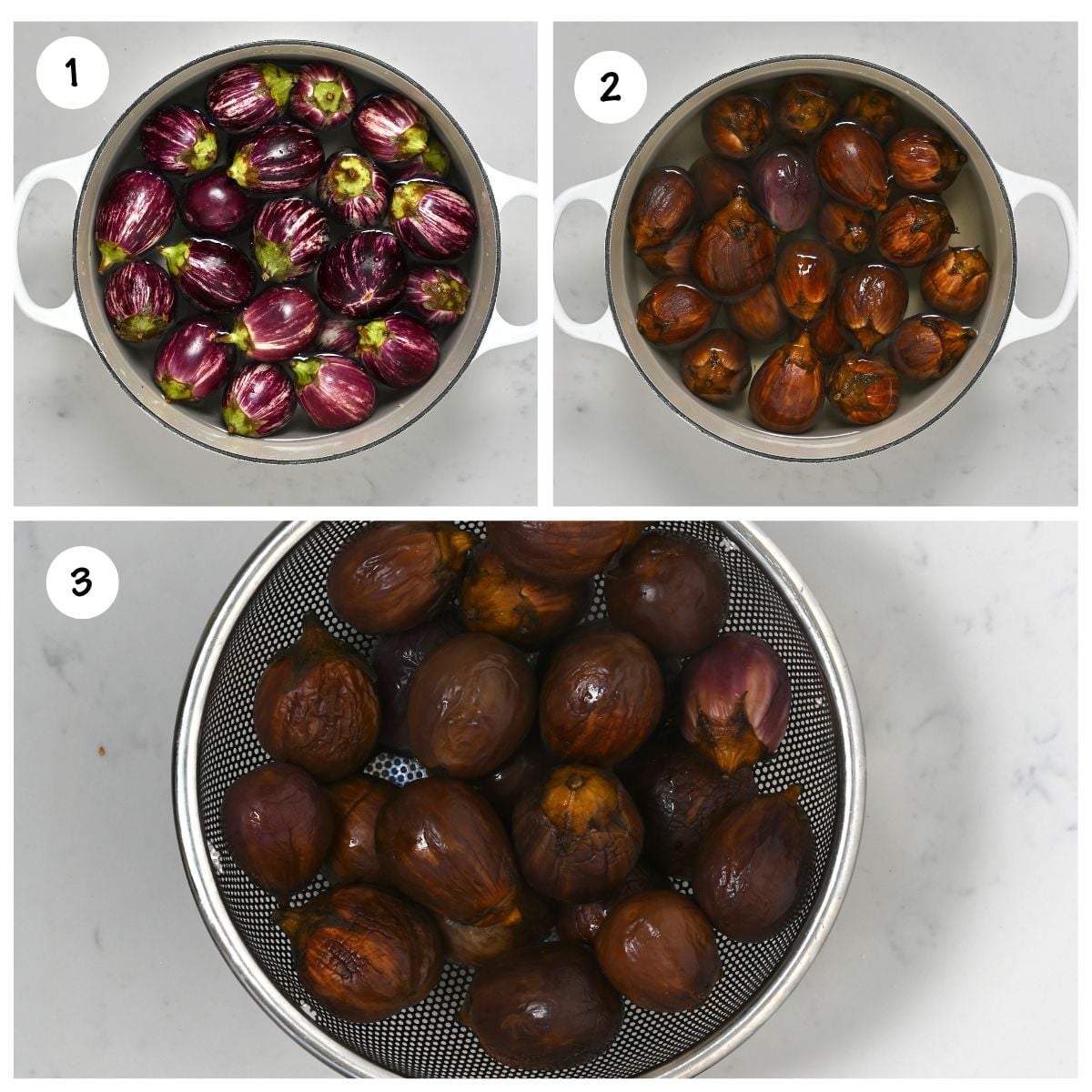 Step photos for boiling the baby eggplants.