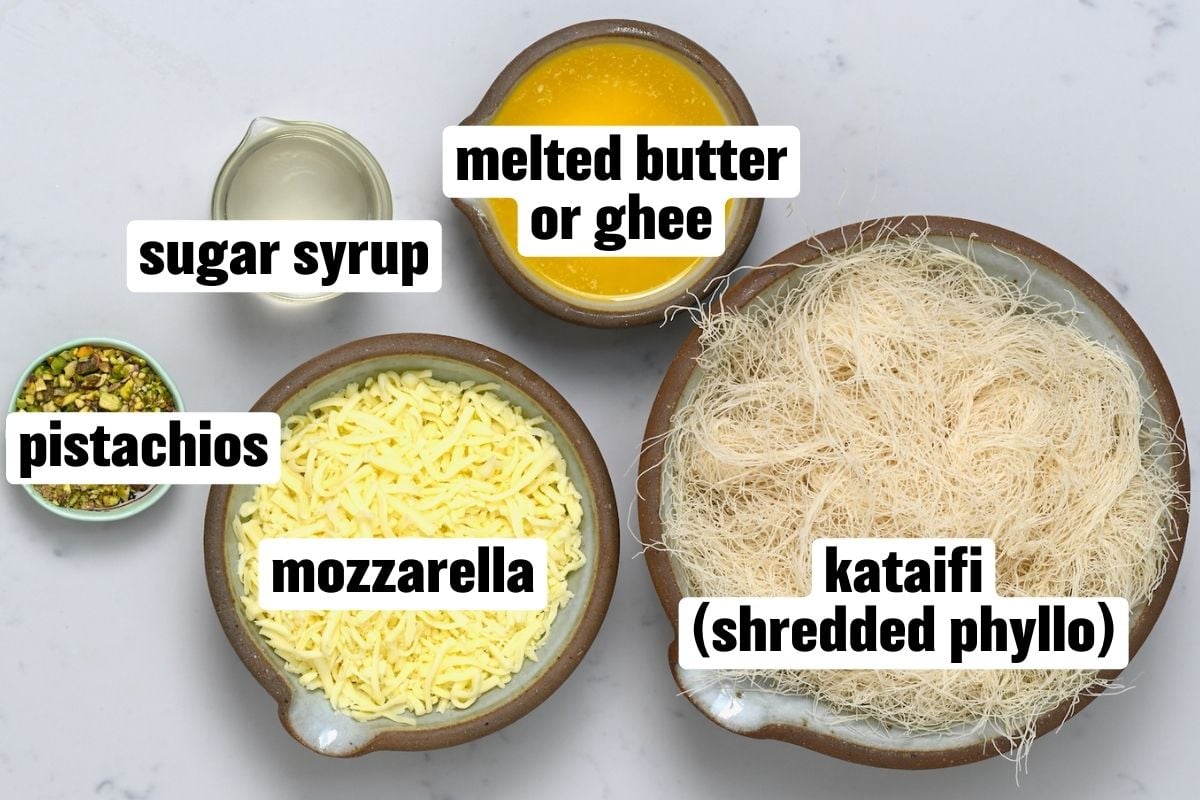 A photo of the ingredients needed to make kunafa dessert.