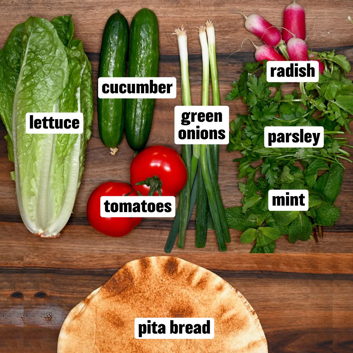 A photo of the ingredients needed to make fattoush salad.