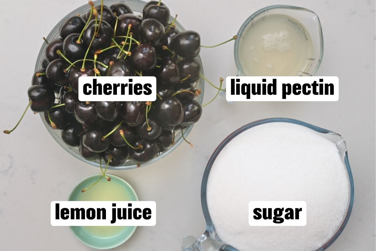 Ingredients needed to make cherry jam.