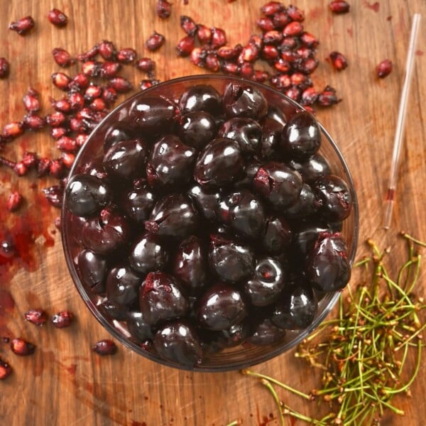 Pitted cherries in a bowl.