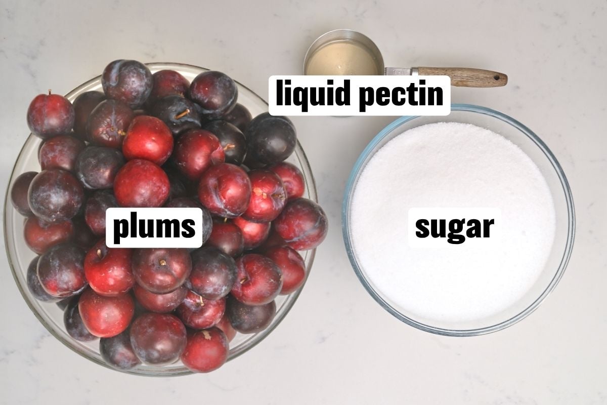 Ingredients needed to make plum jam.