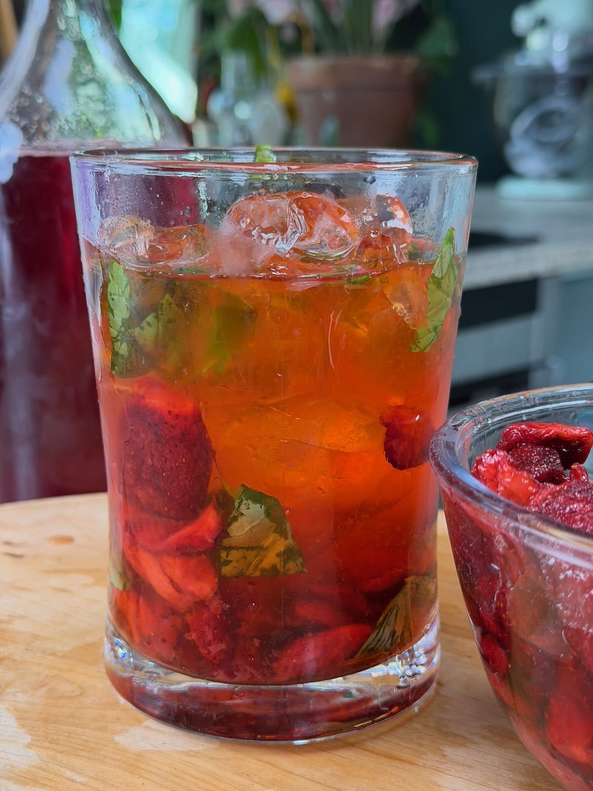 A refreshing drink made with strawberry cheong syrup.