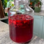 Homemade strawberry cheong made in a large jar.