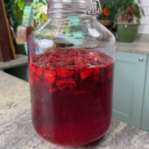 Homemade strawberry cheong made in a large jar.