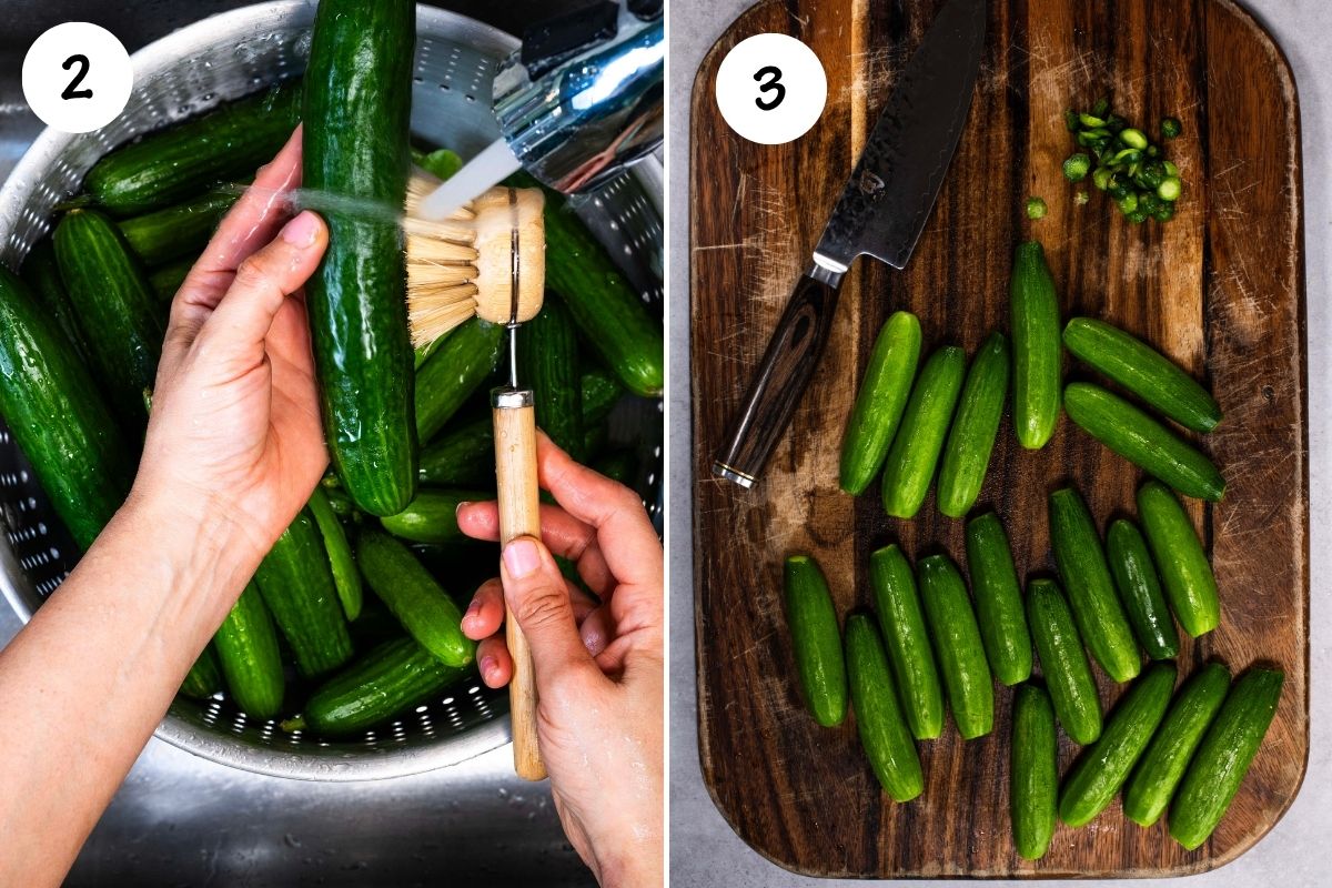 Cucumber prep collage showing cucumbers being washed and scrubbed in a sink, then trimmed and arranged on a wooden cutting board with a knife.