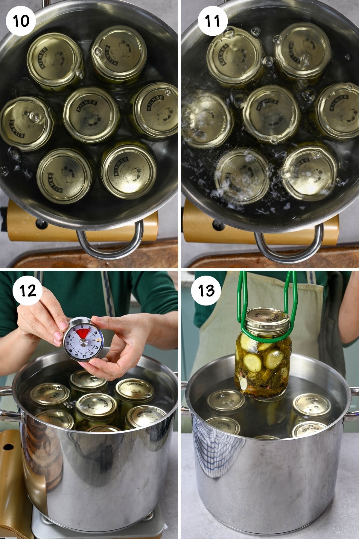 Step-by-step water bath canning collage showing sealed pickle jars boiling in a large pot, checking the processing time, and lifting a finished jar from the water.