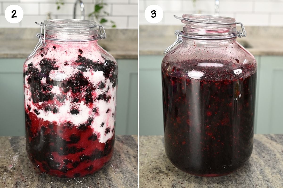 Two-panel side-by-side comparison showing a large glass jar of blackberries layered with white sugar on the left, and the fully dissolved, dark red macerated blackberry syrup on the right.