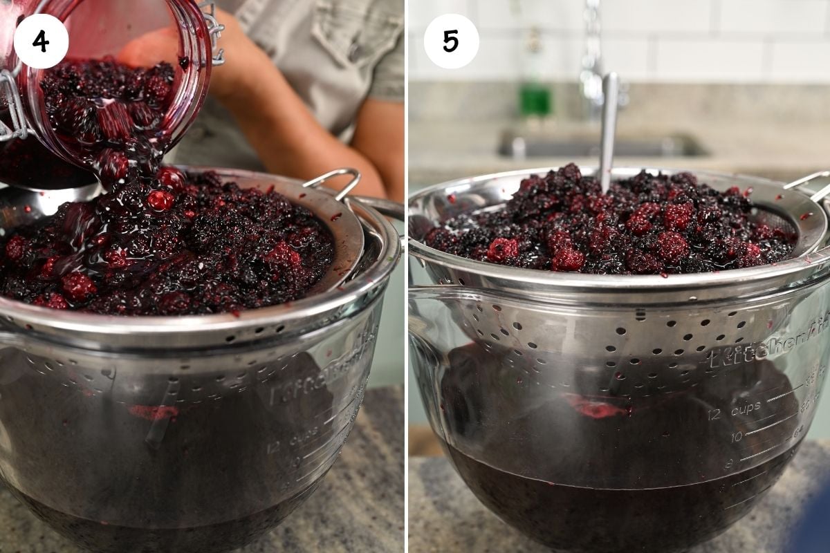 Two-panel side-by-side collage showing macerated blackberries being poured into a colander over a glass bowl on the left, and the clear dark syrup collecting at the bottom on the right.