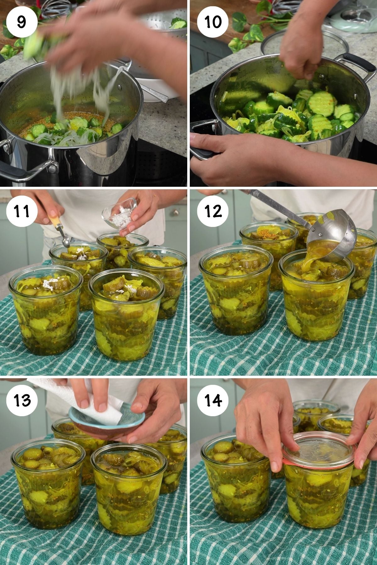 Six-panel grid showing sliced cucumbers and onions added to simmering brine, pressed into the pot, packed into glass jars, topped with warm brine using a ladle, jar rims wiped clean with a paper towel, and glass lids fitted with rubber seals placed on top.