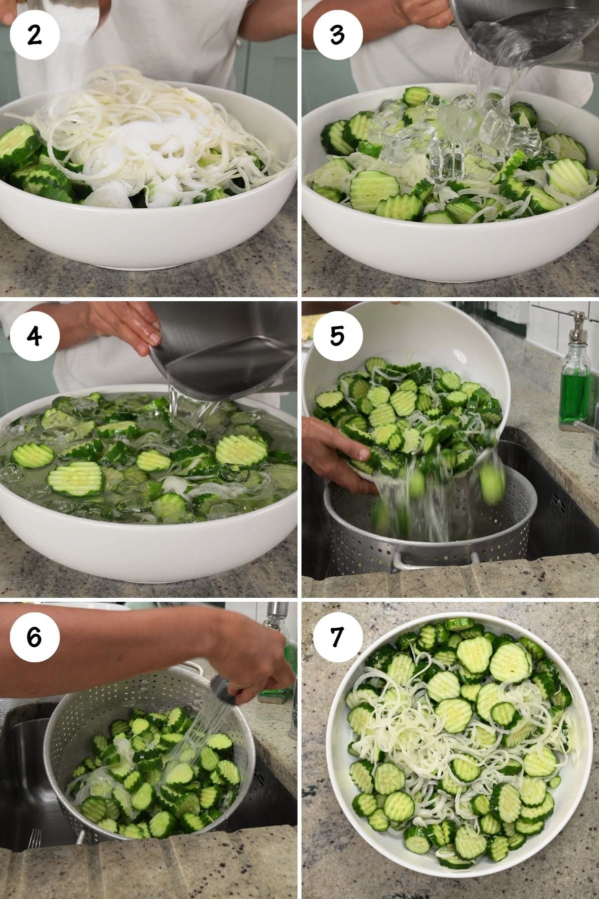 Six-panel grid showing sliced crinkle-cut cucumbers and onions salted in a white bowl, adding ice and water, full ice bath soaking, draining the water in a colander, rinsing the vegetables under cold sink water, and placing rinsed cucumbers and onions back in a bowl.