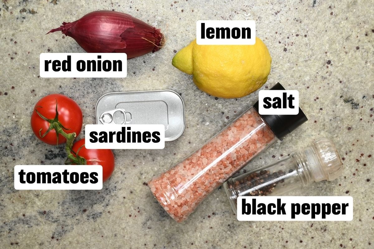 Top-down view of ingredients arranged on a countertop, including a tin of sardines, two fresh tomatoes, a red onion, a whole lemon, a grinder of salt, and a shaker of black pepper.