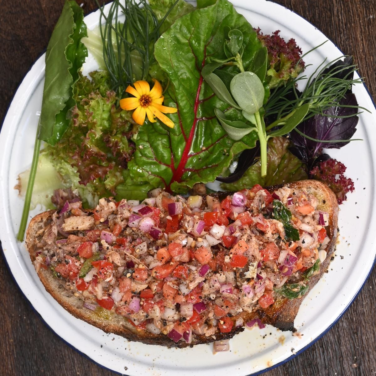 Top-down view of a thick slice of toasted sourdough topped with sardine, tomato, and red onion salad, paired with fresh garden greens on a white enamel plate with a blue rim.
