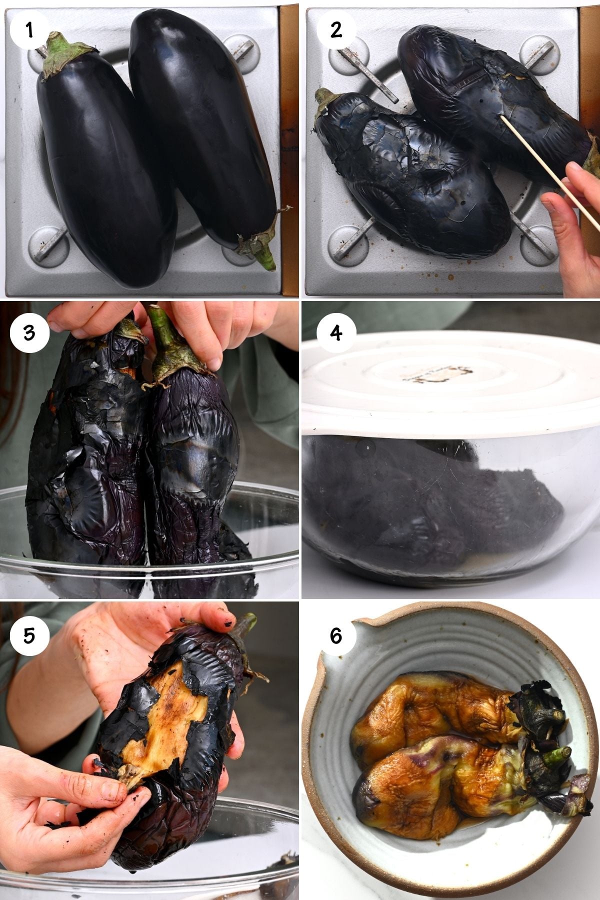 Steps for charring and peeling eggplants to make a salad.
