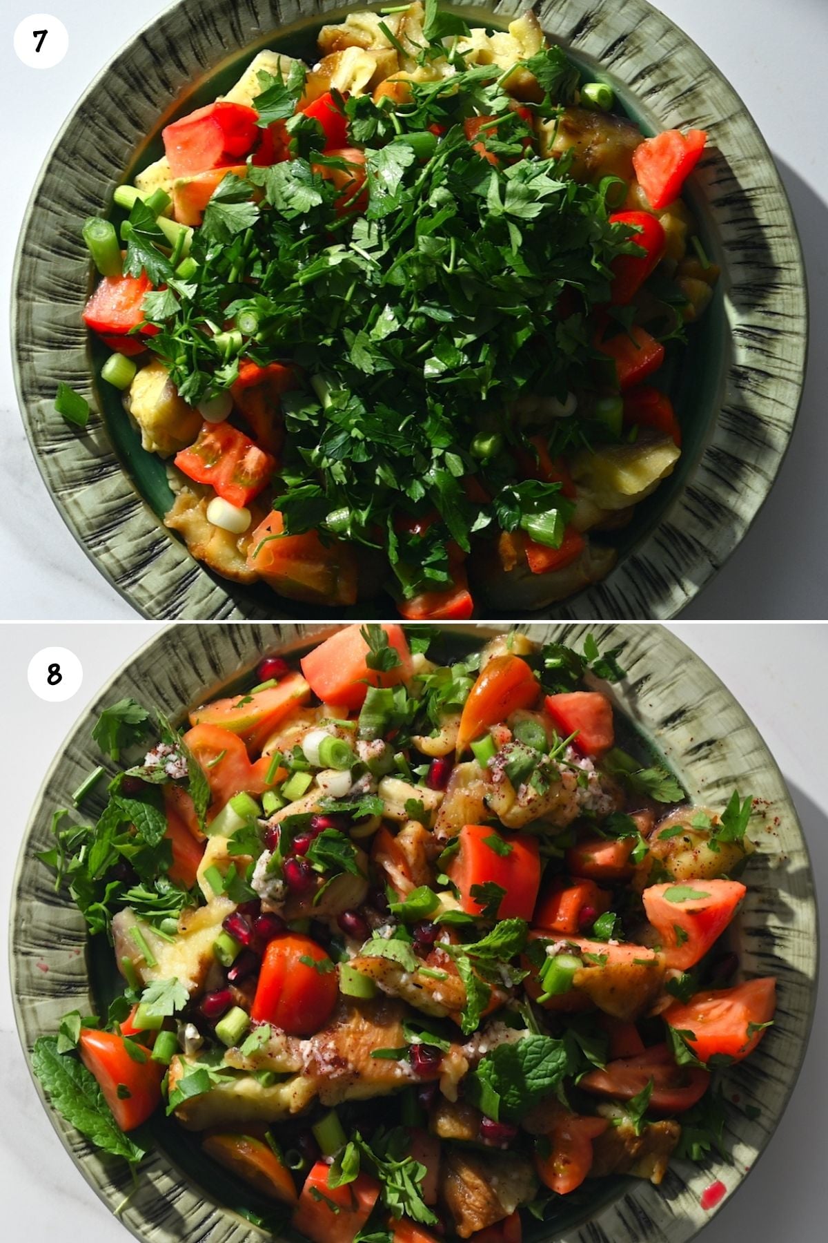 Steps for preparing grilled eggplant salad.