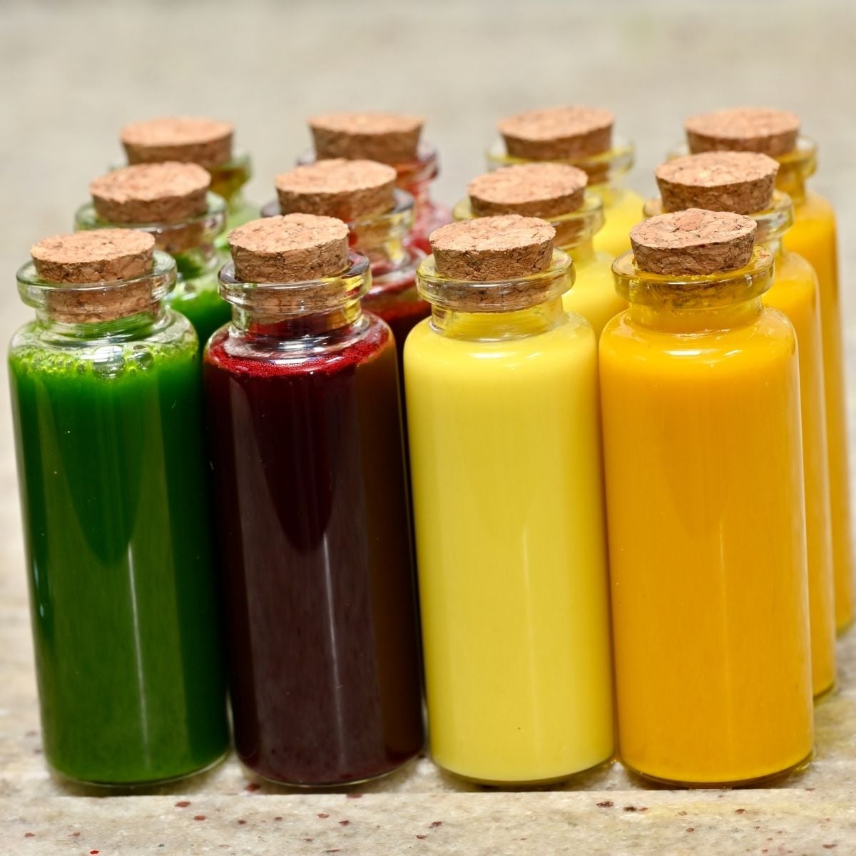 Small corked glass bottles arranged in rows filled with colorful green, red, yellow, and orange wellness shots.