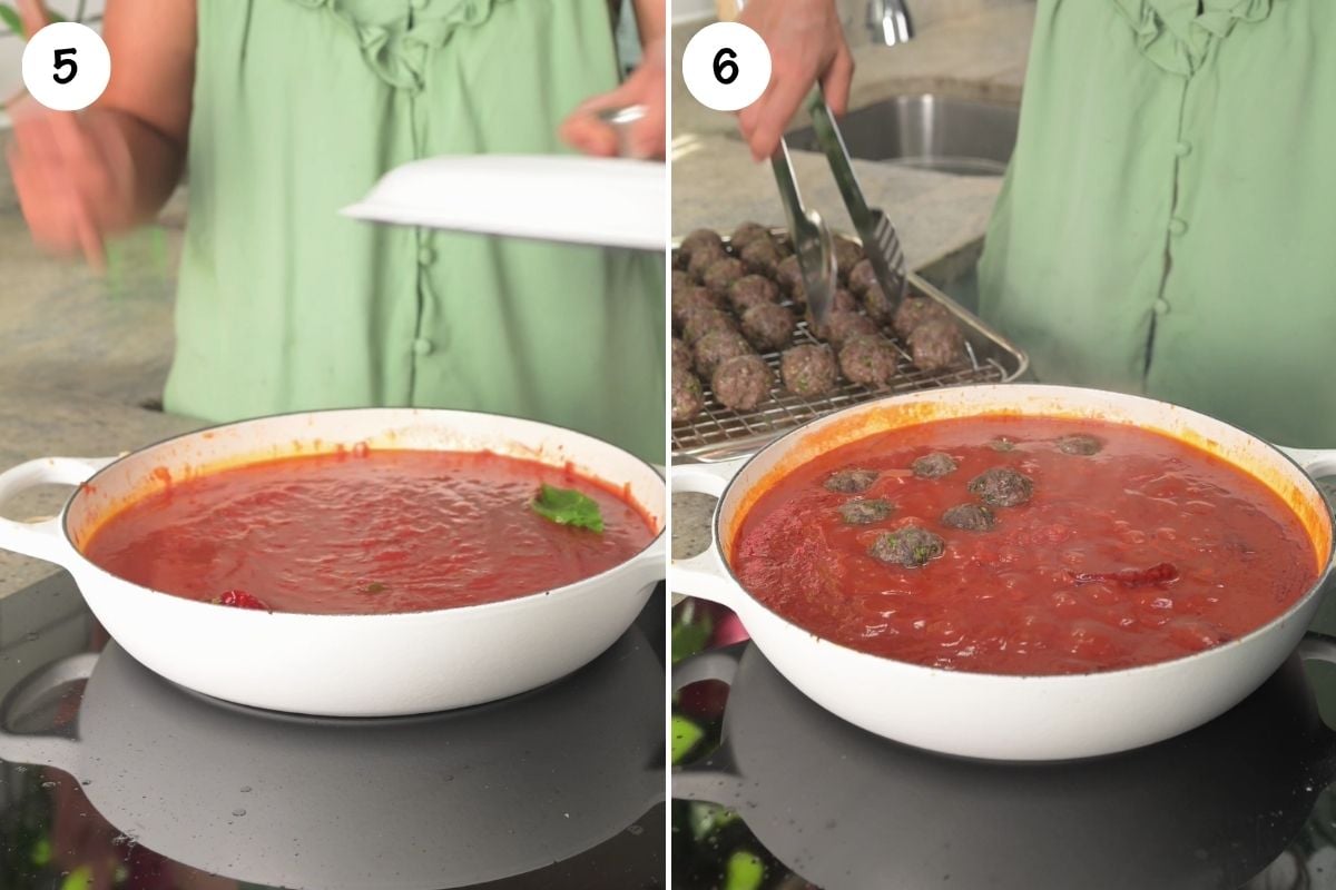 Two-panel grid showing the lid lifted off a skillet of simmering red tomato sauce, followed by baked kofta meatballs being transferred with tongs into the hot sauce.