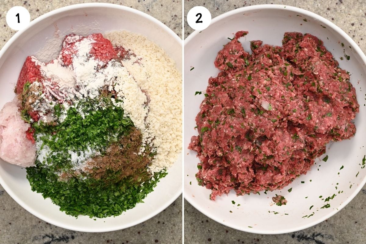 Two-panel grid showing raw ground beef layered with breadcrumbs, chopped parsley, onion, and spices in a white mixing bowl, followed by the combined, well-mixed meat mixture.