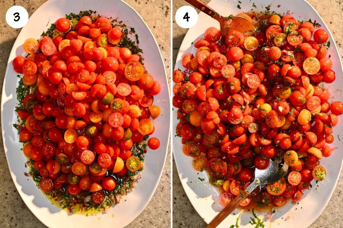 Two-panel step-by-step image showing sliced cherry tomatoes piled onto the herb marinade on a white platter in frame 3, and tossed together using serving spoons to coat the tomatoes in frame 4.