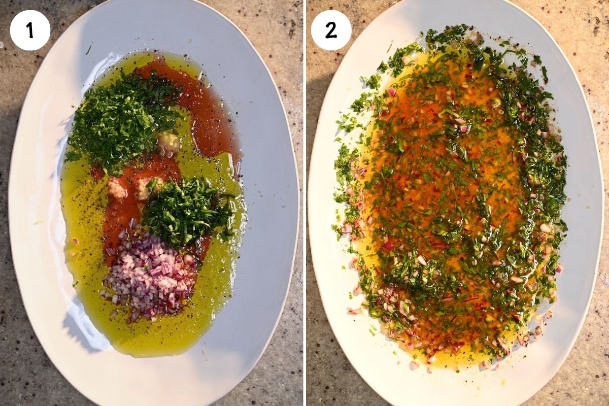Two-panel step-by-step image showing fresh herbs, minced red onion, garlic, olive oil, and red wine vinegar unmixed on a white serving platter in frame 1, and mixed together into a marinade spread across the platter in frame 2.