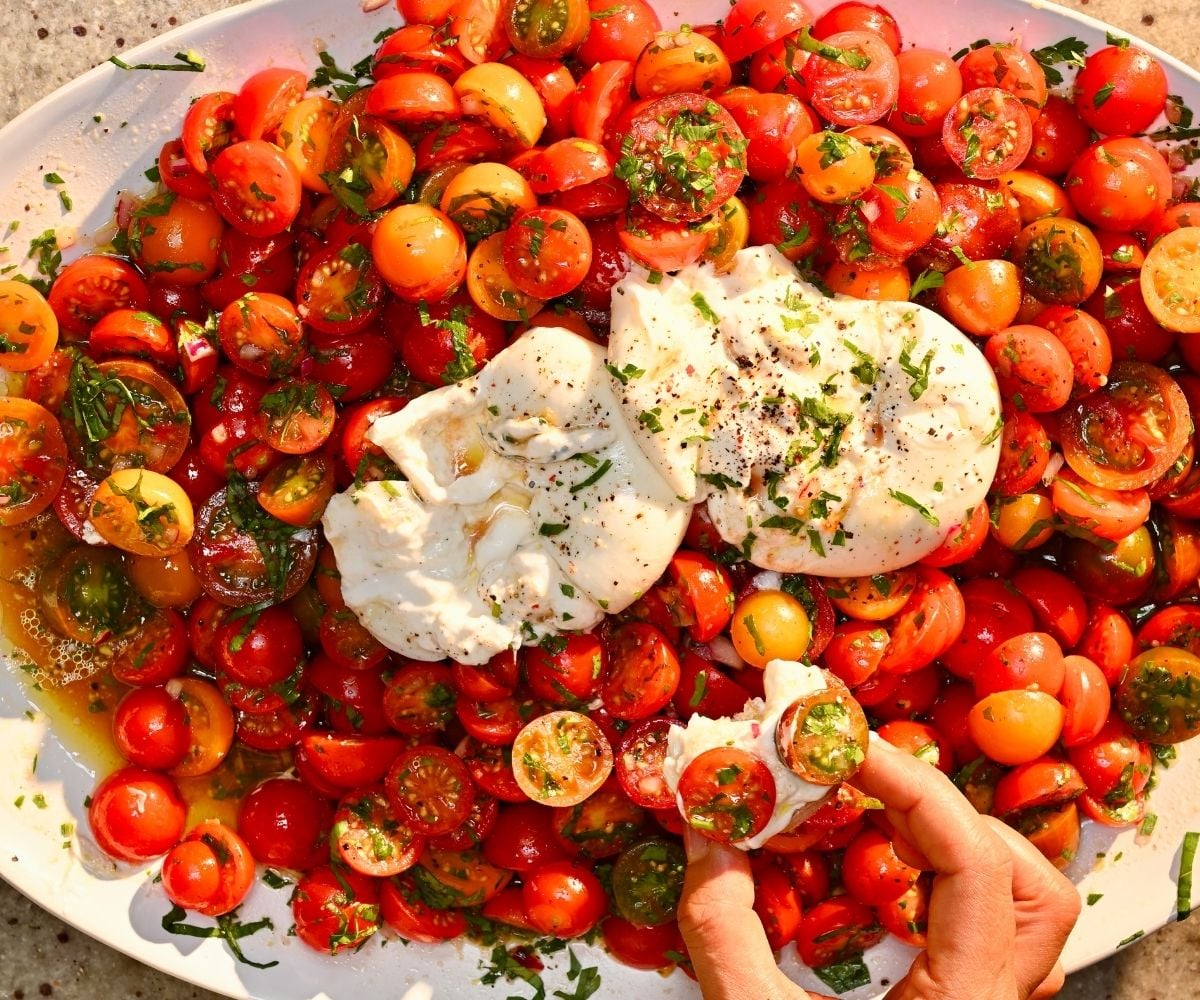 A platter of marinated cherry tomatoes topped with torn burrata cheese, with a hand holding a piece of crusty bread topped with cheese and tomatoes.