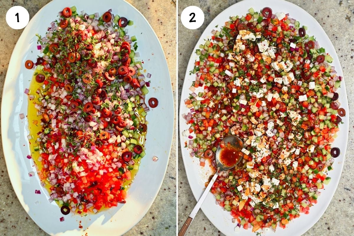 Two-step image showing the assembly of a Mediterranean olive oil bread dip on a white platter, with diced fresh vegetables and herbs in panel one, and crumbled feta cheese with drizzled balsamic vinegar added in panel two.