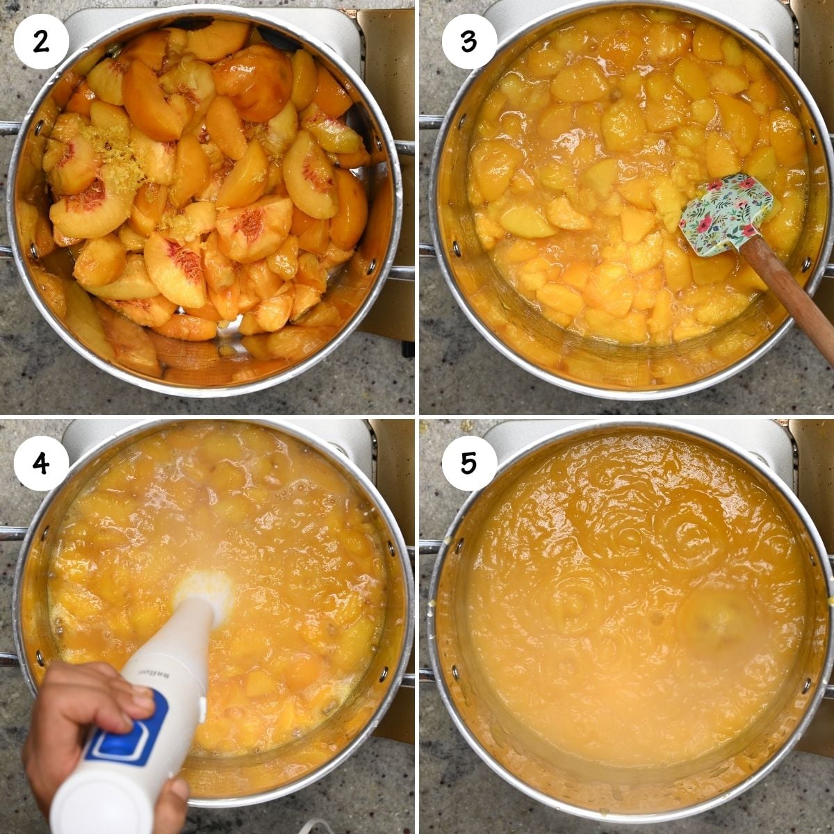 Four-panel step-by-step grid showing fresh sliced peaches in a large pot, simmered softened peaches stirred with a spatula, blending the mixture with an immersion blender, and smooth pureed peach butter in the pot.