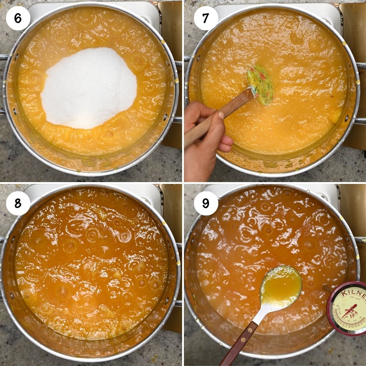 Four-panel step-by-step grid showing granulated sugar added to pureed peaches in a pot, stirring the sugar in, bubbling deep golden peach butter simmered down, and testing the finished thickened consistency on a spoon.