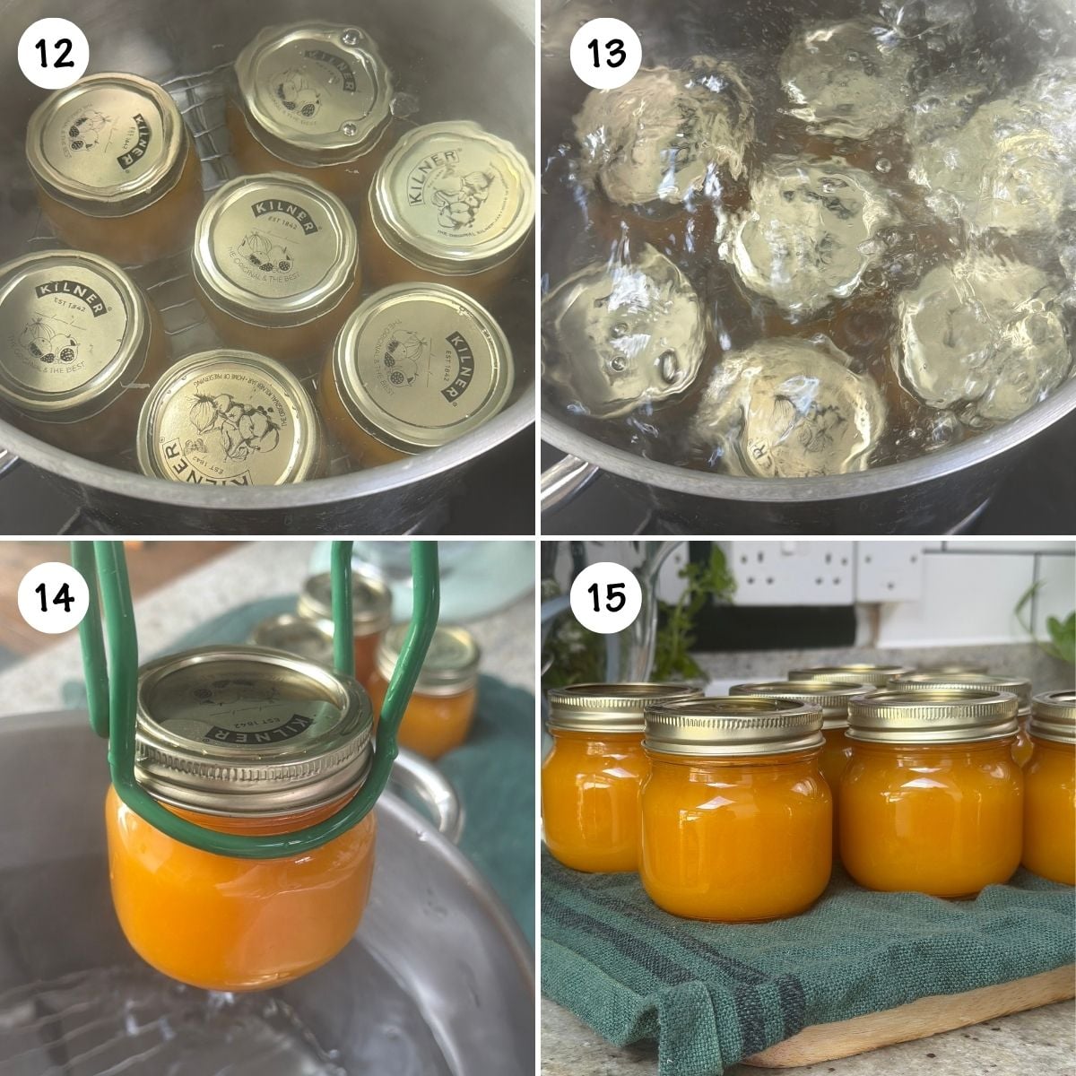 Four-panel step-by-step collage showing Kilner jars loaded into a canning pot, processing jars in a rolling water bath, lifting a hot jar out with green jar tongs, and sealed jars resting on a green kitchen towel.