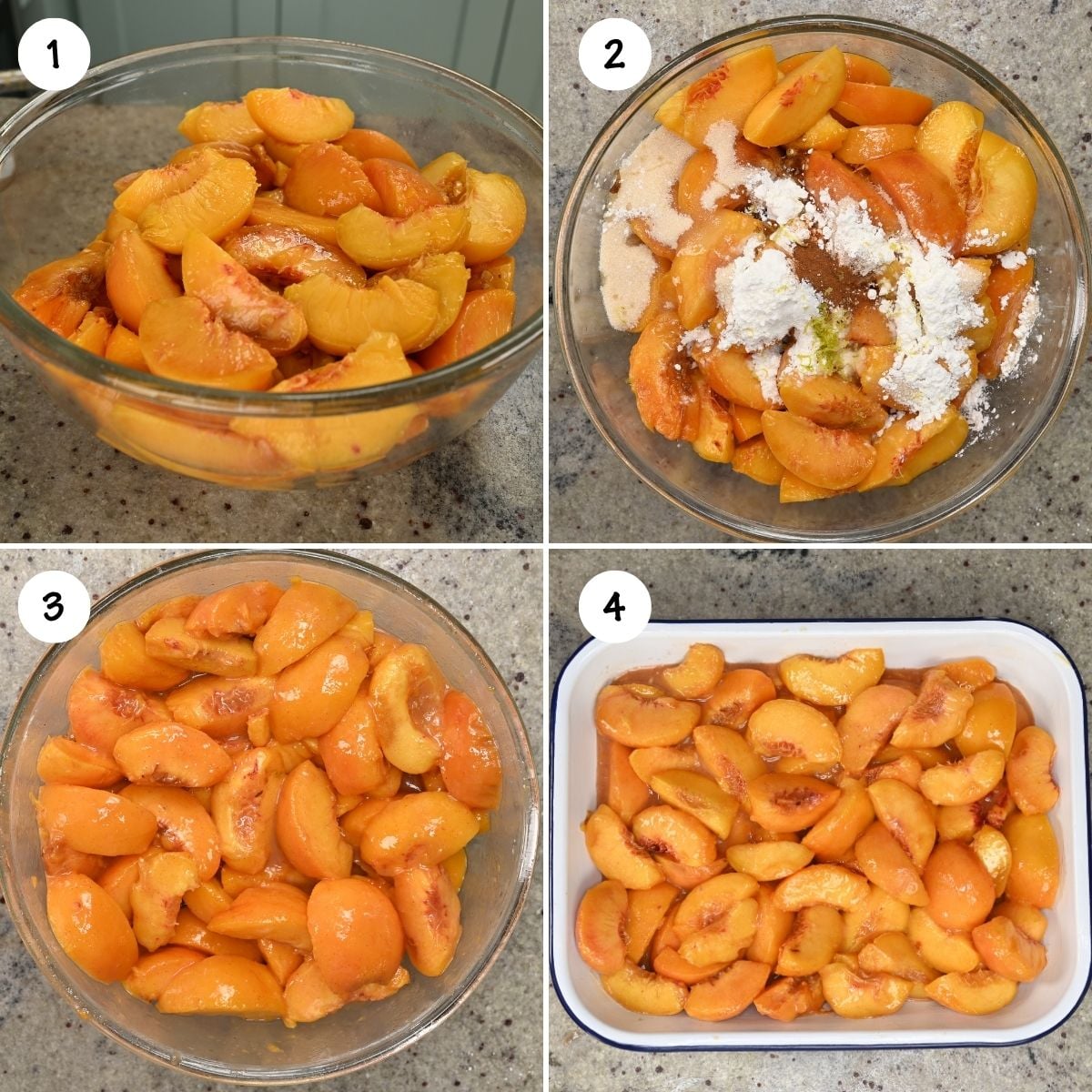 Four-panel step-by-step grid showing sliced peaches in a glass bowl, adding sugar and cornstarch, tossing the mixture together, and transferring the peach filling into a baking dish.