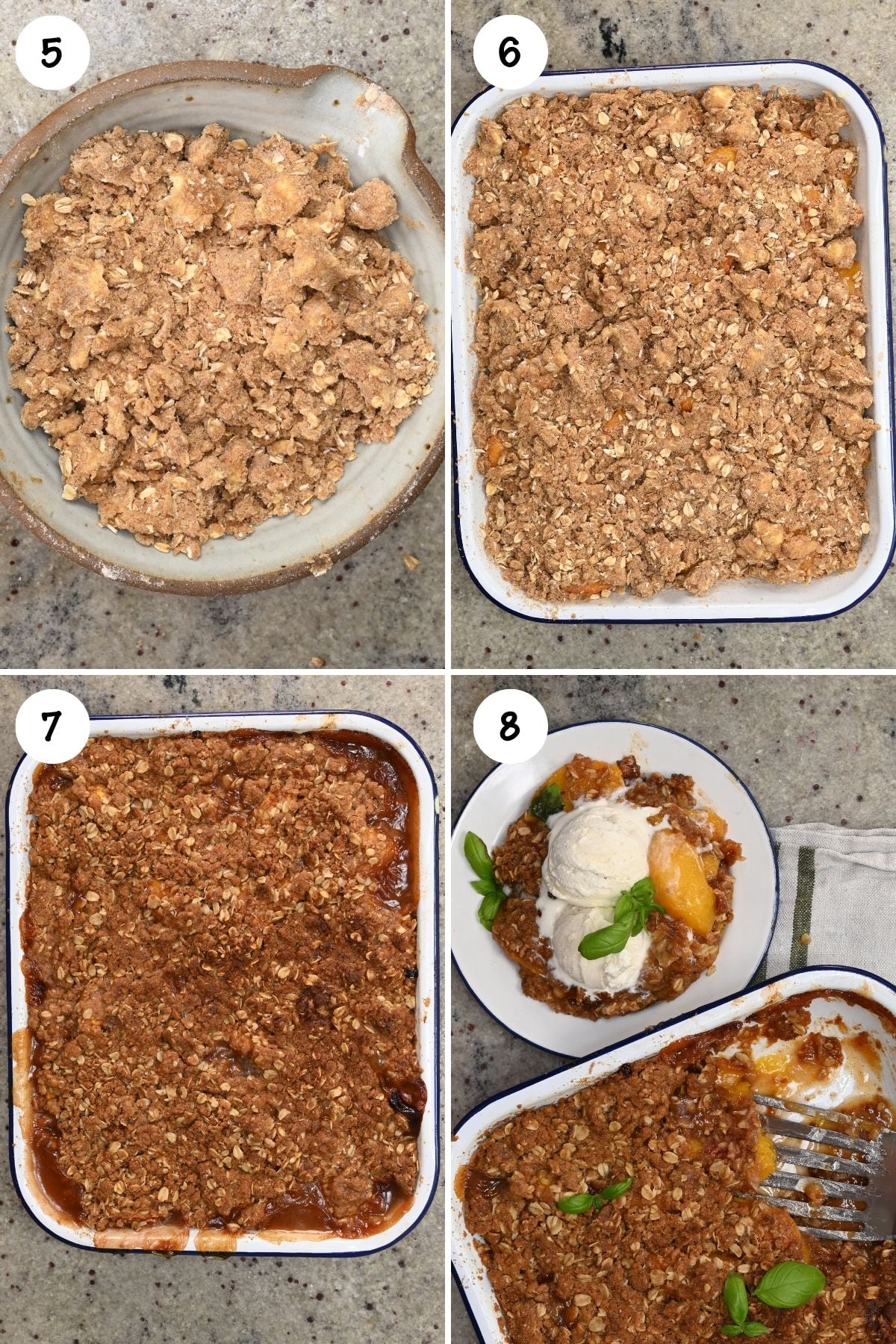 Four-panel step-by-step grid showing prepared oat crumble topping in a bowl, spreading the crumble over peaches in a baking dish, the fully baked golden peach crisp, and a served plate with vanilla ice cream.