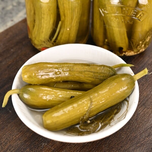 Close-up of whole homemade refrigerator pickles served in a white bowl with brine.