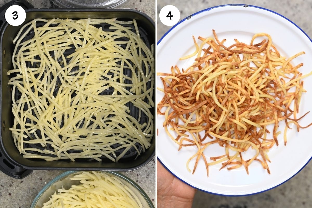 Two-panel step-by-step grid showing raw julienned potatoes spread out in a single layer in an air fryer basket, and cooked crispy golden shoestring fries served on a white enamel plate.