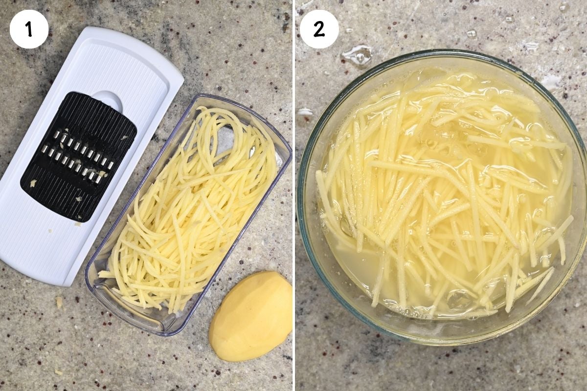 Two-panel step-by-step grid showing peeled potatoes julienned using a mandoline slicer into thin strips and soaking the cut potatoes in a glass bowl of water.